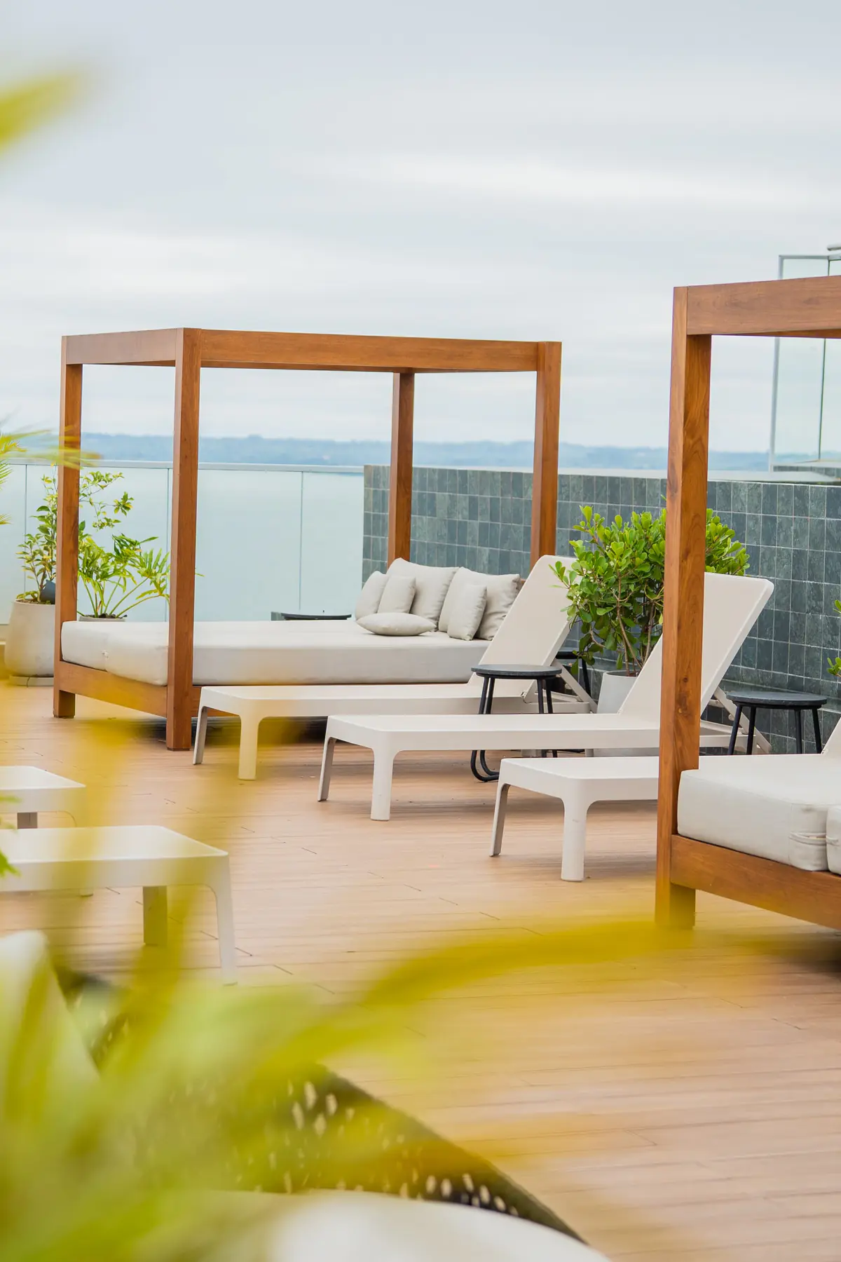 La terraza de Alzza al atardecer, con plantas y la vista al río
